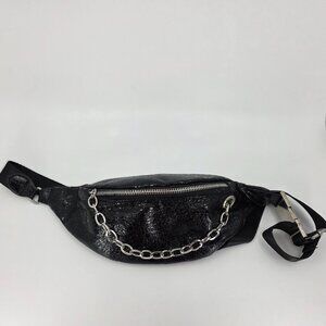 Edgy Black Cracked Faux Leather Chain Fanny Pack Belt Bag